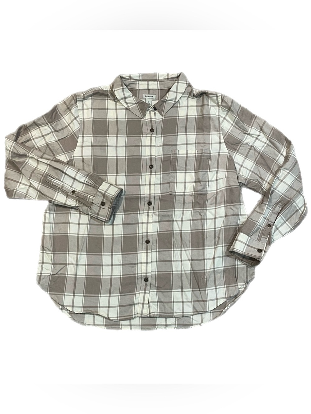 LL Bean Womens Neutral Flannel Shirt Tan Cream Plaid Soft Tencel Cabincore XL